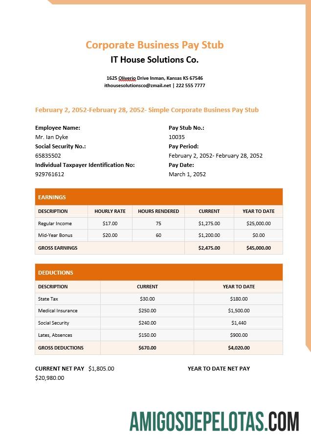 Recibo de pagamento da IT House Solutions Co. em formatos PDF e Word baixar para verificação